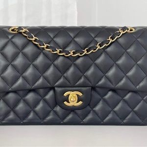 Chanel Black Lambskin Classic Medium Double Flap Gold Hardware GHW